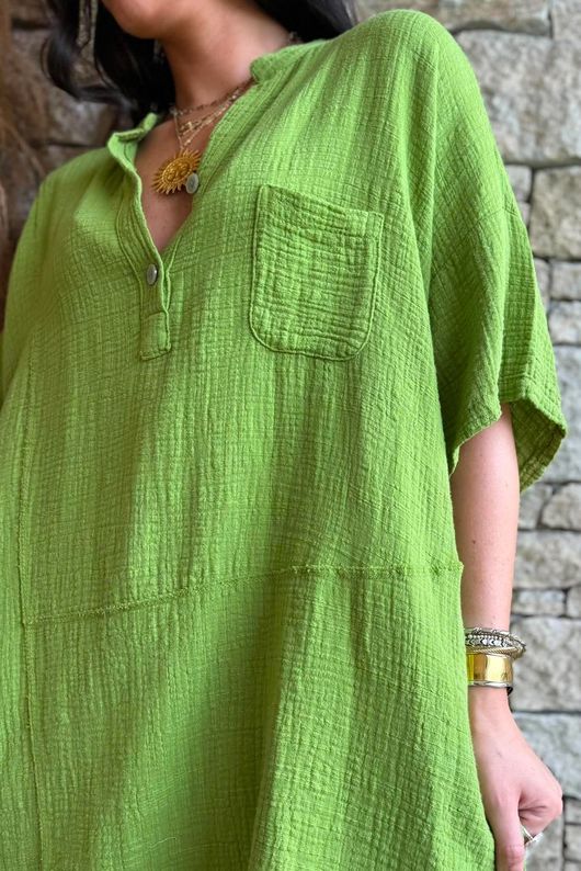 Tasha Cushion Cotton Oversized Shirt Tunic Verde